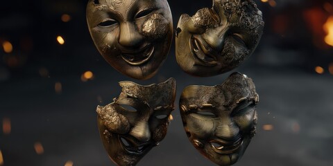 Fototapeta premium Dramatic masks display various expressions against a dark background copy space available