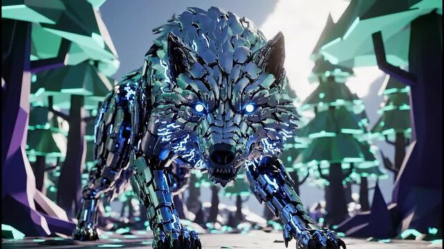 A striking robotic wolf, crafted from shimmering metallic polygons, emerges from a stylized forest with glowing blue eyes, embodying strength and futuristic design.