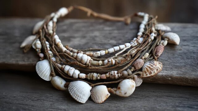 Handcrafted shell necklace displayed on a wooden surface showcasing natural materials and intricate design
