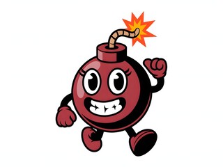 A cheerful cartoon bomb mascot character running with a lit fuse in retro style