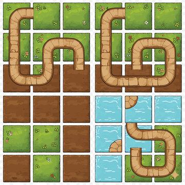 Top-Down Game Tileset: Seamless Stone Path, Grass, Dirt, and Water Terrain