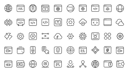 Black line icons illustrating web development, programming, design, and hosting