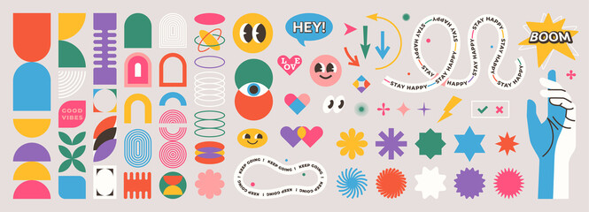 Abstract geometric shapes set vector illustration. Graphic design elements with retro line, simple form, figure, arch, flower, smiley and hand. Trendy cartoon flat stickers, brutal aesthetic
