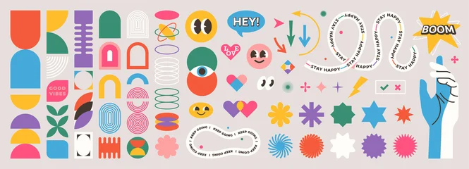 Fototapete Altes Krankenhaus Beelitz Abstract geometric shapes set vector illustration. Graphic design elements with retro line, simple form, figure, arch, flower, smiley and hand. Trendy cartoon flat stickers, brutal aesthetic  © zaie