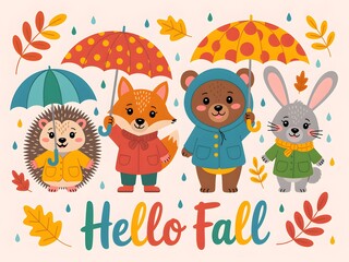 Fototapeta premium A group of cute woodland creatures welcome the autumn season with umbrellas and raincoats