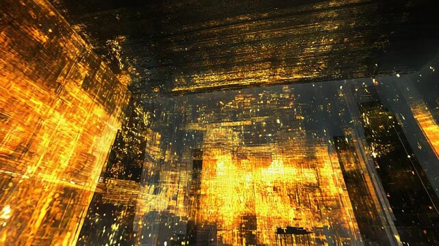 Abstract technology environment displaying a complex grid of glowing orange and yellow pixels and intricate patterns across walls and floor surfaces, creating a multi dimensional spatial experience