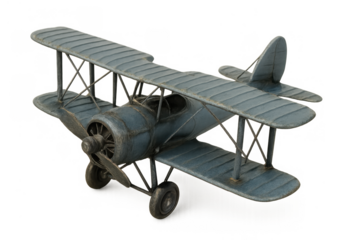 Vintage miniature biplane model showing classic aviation design, old-fashioned propeller aircraft on transparent background