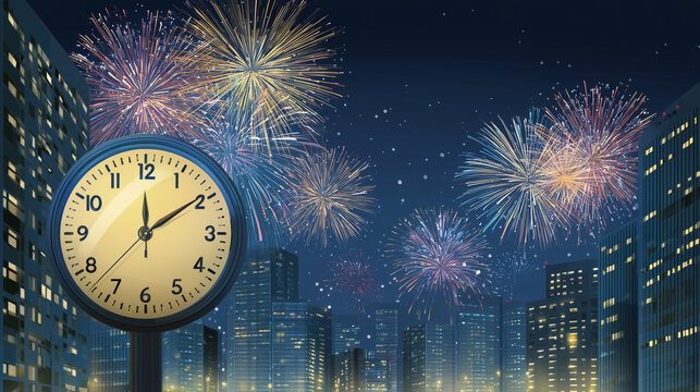 Close-up of a clock showing 12:00, surrounded by fireworks exploding around it