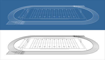 Fototapeta premium Side View Profile of American Football Field Wireframe on Blue and White Background