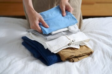 Stacked Folded Clothing on Bed - Lifestyle and Organization Concept