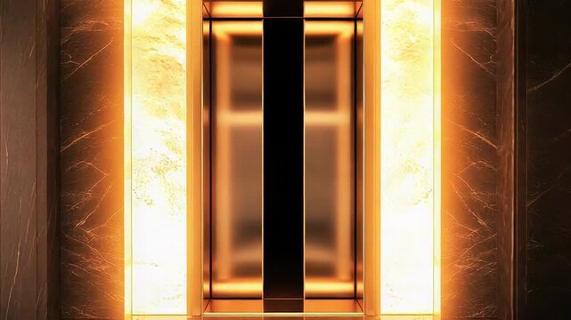 Modern architecture featuring shining gold elevator doors framed by illuminated marble walls and dark stone in a spacious, opulent hall, creating an atmosphere of wealth and exclusivity