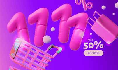 A bright purple 3D banner with inflatable numbers 11.11, a bag, and a shopping cart.