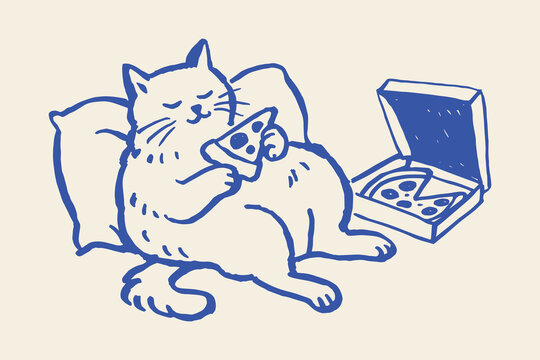 Cat eating pizza doodle outline vector illustration