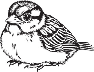 Small bird sparrow chick drawing vector illustration cute animal black and white