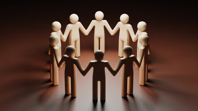 A circle of connected figures symbolizing unity and teamwork in a low-light setting