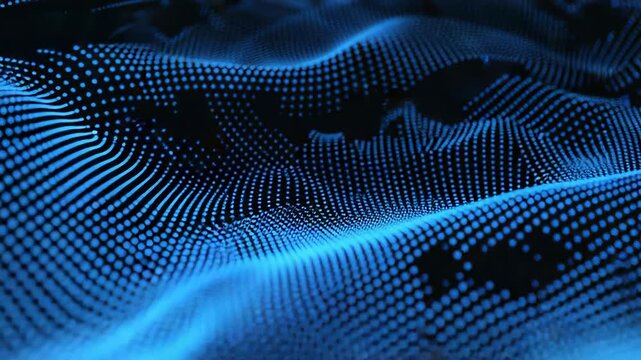 Blue luminous particles form an undulating wave of glowing dots and grid lines, visualizing digital data flow, networks, ai and quantum computing in a futuristic cyberspace scene
