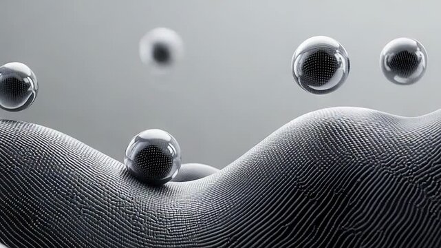 Futuristic abstract scene of reflective chrome spheres floating above and resting on a textured wave surface, evoking molecular structure, materials science and advanced nanotech research