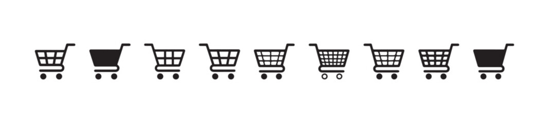 Row of simple black and white shopping trolley icons featuring different styles for digital marketing