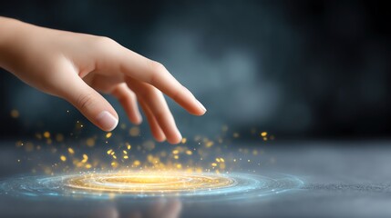 A hand reaches out, evoking a sense of magic and energy with glowing sparks on a dark background, symbolizing creativity, discovery, and innovation.