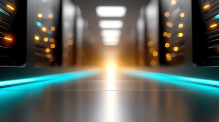 A futuristic view of a glowing server room with illuminated pathways and vibrant lights, representing advanced technology and modern data management.