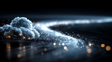 A mesmerizing abstract visualization of a starry night with luminous streaks and glowing clouds on a dark background, capturing a sense of cosmic wonder.