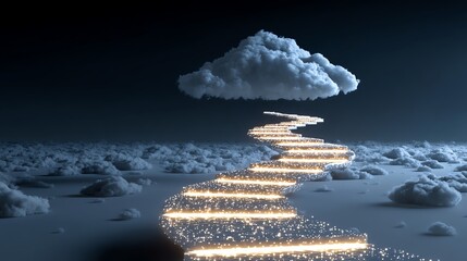 A surreal pathway of light stretches through a cloudscape, creating a dreamlike journey toward a solitary cloud against a dark sky, symbolizing imagination and creativity.
