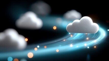 A surreal digital concept of cloud computing with fluffy clouds and glowing light trails, symbolizing data transmission and connectivity in a futuristic setting.