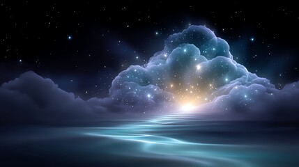 A surreal sky filled with luminous clouds and stars over a serene water pathway, capturing a dreamy, tranquil night landscape in a mystic atmosphere.