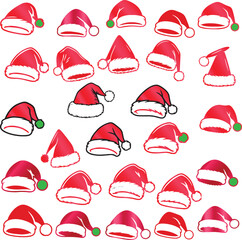 A diverse hand-drawn collection of red Santa Claus hats for Christmas and New Year designs. 