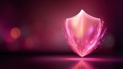 A vibrant, abstract digital representation of a glowing shield, set against a dynamic pink and purple background, symbolizing protection and digital security.