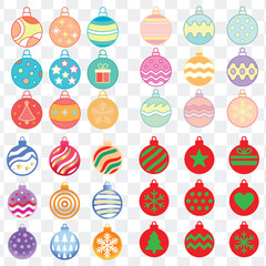 A large collection of colorful vector Christmas balls with various patterns for holiday designs and decoration.