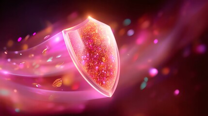 A vibrant digital shield with glowing pink and orange particles swirling around it