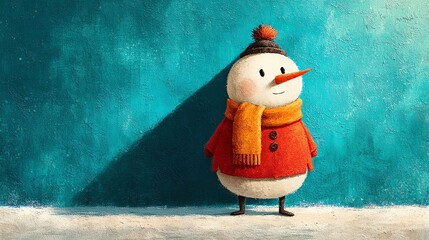 Charming illustration of a cute snowman wearing a red coat and orange scarf standing against a textured blue background. Perfect for winter themes and holiday greetings.
