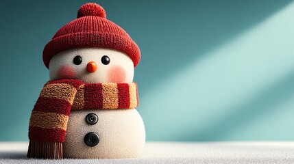 Charming snowman with a red hat and striped scarf sits on a snow-covered surface, illuminated by soft light, capturing the essence of winter joy and festive spirit.