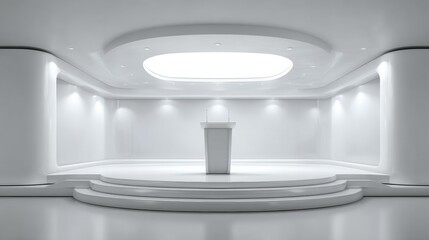 Business Seminar Staging Area With Podium Setup and Open White Wall Layout Creating a Modern Visual Appeal for Attendees