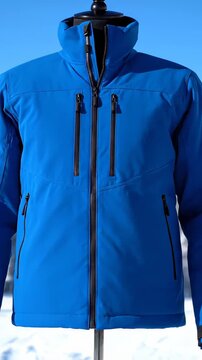 Blue technical jacket designed for keeping dry while skiing, displayed on a mannequin. Ideal winter gear for outdoor activities and an active lifestyle in the snowy mountains