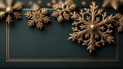 Elegant gold snowflakes embellish a dark green background, creating a festive and luxurious holiday card design. Perfect for winter celebrations and Christmas themes.