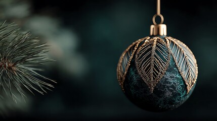 Elegant holiday ornament adorned with intricate gold leaf designs, hanging delicately from a tree branch, embodying festive spirit and sophisticated decor, perfect for seasonal cel