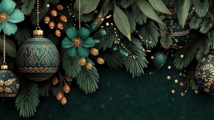 Elegant teal-themed Christmas ornaments and lush greenery create a festive and sophisticated holiday atmosphere, perfect for seasonal decor and celebrations.
