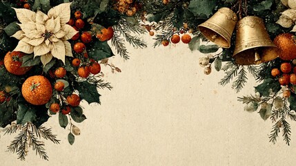 Festive holiday arrangement featuring poinsettia flowers, gold bells, and oranges set against a vintage background, perfect for seasonal celebrations and invitations.