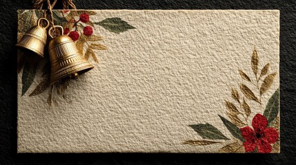 Festive holiday card with golden bells and floral accents on textured background, perfect for seasonal greetings.