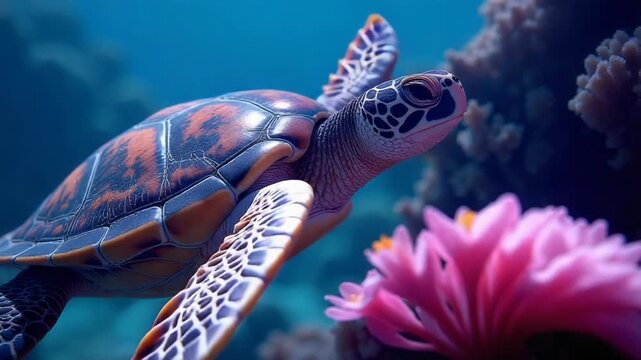 Video A turtle swims in an aquarium surrounded by pink flowers