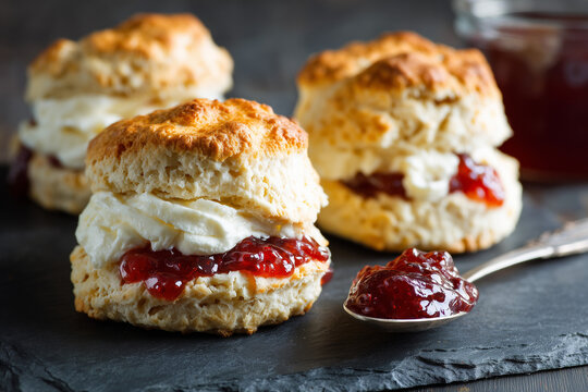 British Welsh Scones with Jam and Clotted Cream &ndash; Classic Traditional Dessert on Rustic Background