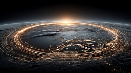 Futuristic digital earth with glowing network lines encircling the globe, representing global communication and advanced technology with a sunrise on the horizon.