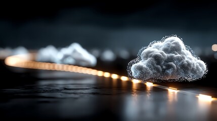 Futuristic scene with glowing line and cloud, symbolizing advanced networking and digital connectivity, set in a dark atmospheric background.