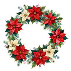 Christmas flower poinsettia with holly and pine tree wreath