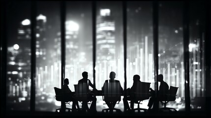 Silhouetted figures in a boardroom meeting with a city skyline in the background, reflecting corporate teamwork and strategy under urban lights.