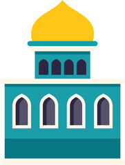 Simple turquoise mosque building with golden dome and arched windows, representing islamic religion, culture, and architecture