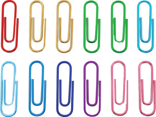 A Colorful Vector Collection of Shiny Metal Paper Clips in Various Hues: Red, Gold, Green, Blue, Purple, and Pink, Essential for Office and Stationery Supplies Design.