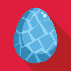 Fantasy illustration of a blue dragon egg with a mosaic pattern, isolated on a red background with long shadow